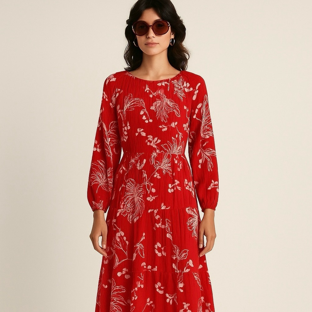 Vintage Montgomery Ward Red Floral Pleated Midi Dress Size 12 Made in USA